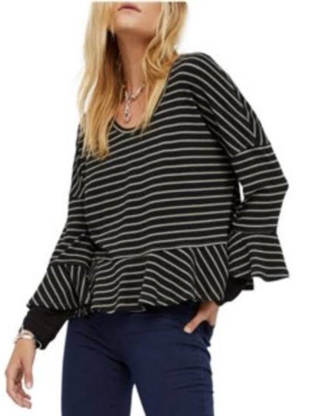 We The Free Round About long sleeve thermal peplum tee black and green size S